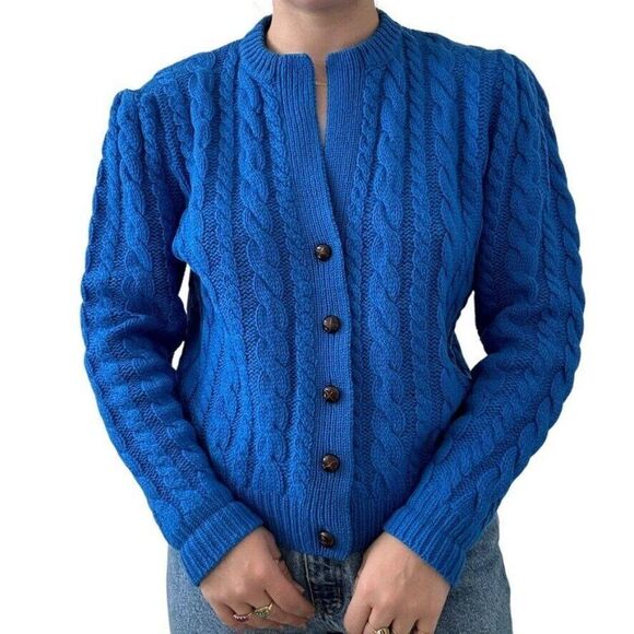 Vintage 1980s Susan Bristol Cobalt Blue 100% Wool Hand Knit Fisherman Cardigan - Picture 4 of 7
